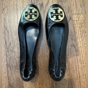Tory Burch Reva Ballet Flats Black Leather Gold Logo – Size 10.5
